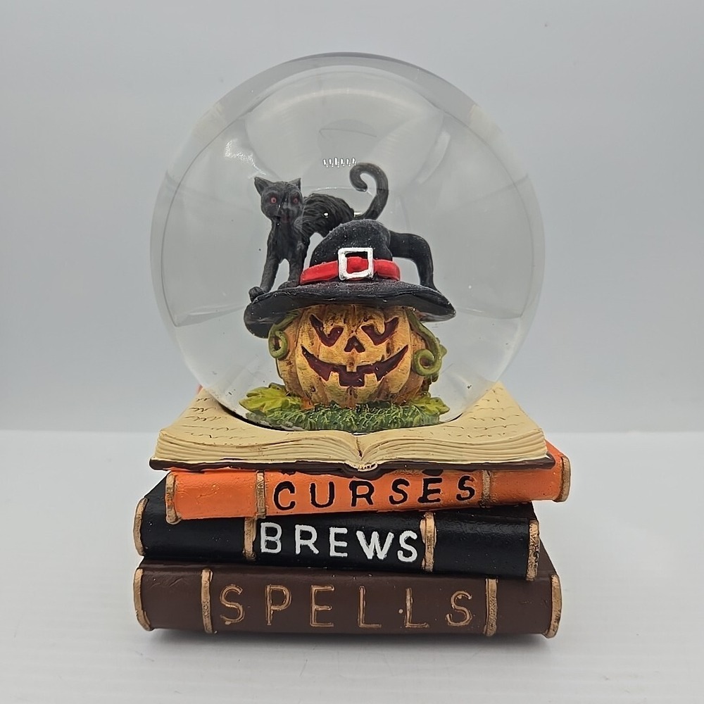 Martha Stewart Musical Halloween Snow Globe Jackolantern Black Cat Spell Books